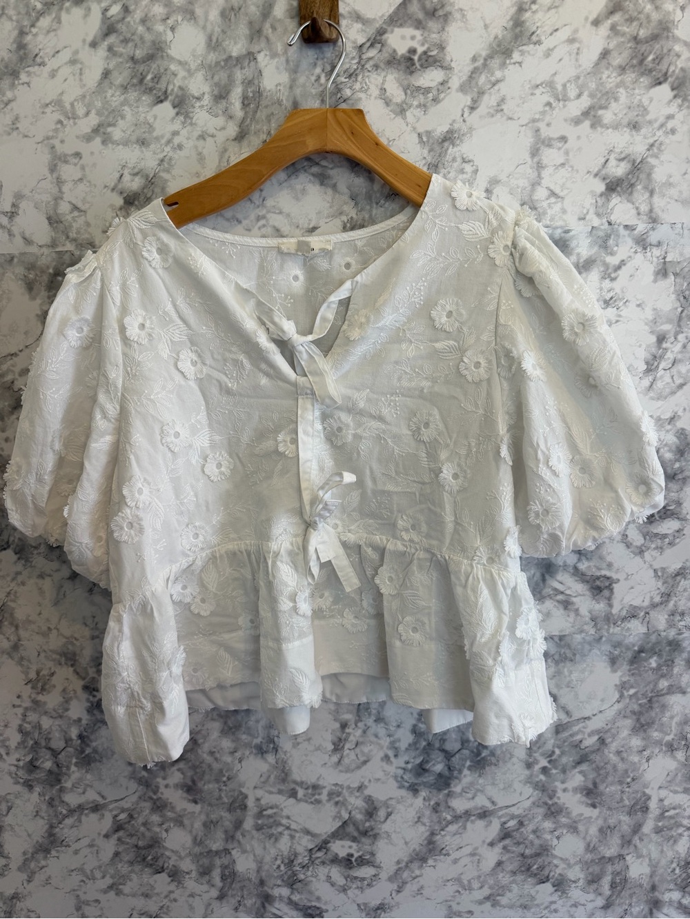 entro White Floral Embroidered Tie-Front Peplum Blouse